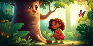 História Infantil O Segredo de Broto, ilustrando uma menina observando um broto, um jatobá e uma borboleta em um arboretum.