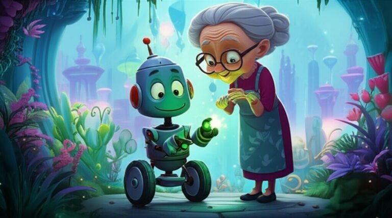 História Infantil sobre germinação, mostrando o robô Bira e a botânica Dona Cotinha olhando uma semente brilhante em um jardim futurista.