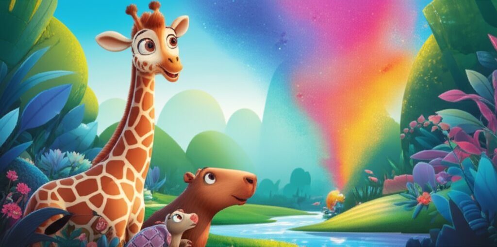 História Infantil sobre girafa. Ilustração de uma girafa, um tatu e uma capivara observando uma névoa luminosa em um vale colorido, simbolizando a aventura e a amizade.
