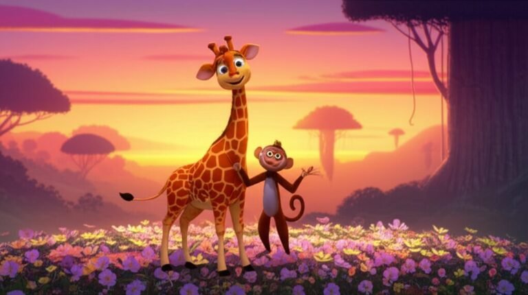 História Infantil: Ilustração vibrante de Malu, a girafa, e Cacau, o macaco, explorando uma ilha flutuante cheia de flores brilhantes na Floresta dos Sussurros Flutuantes, representando a história sobre amizade e coragem.