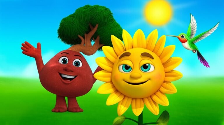 História Infantil: A Semente Curiosa de Solano, mostrando um girassol sorridente, uma árvore eugenia e um beija-flor em um campo ensolarado.