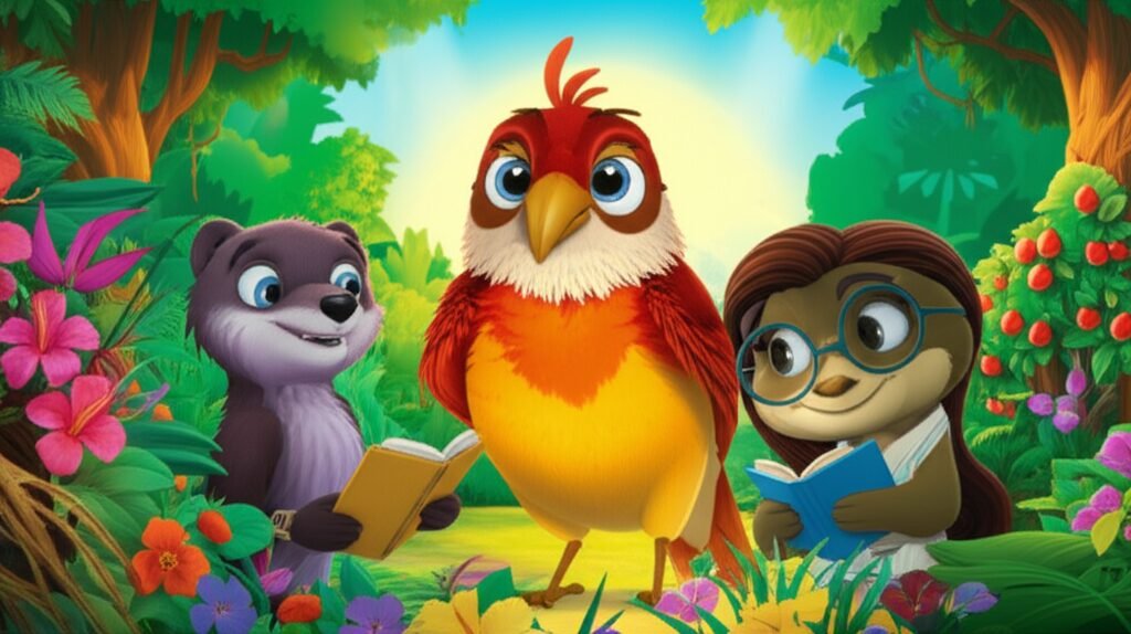 História Infantil sobre Governo: A ilustração vibrante de animais do Vale Sereno, incluindo Dona Cotovia, Pedro o Quati e Professora Lúcia a Lontra, em uma reunião para decidir sobre a partilha de frutinhas. Transmite a mensagem de comunidade e decisões justas.