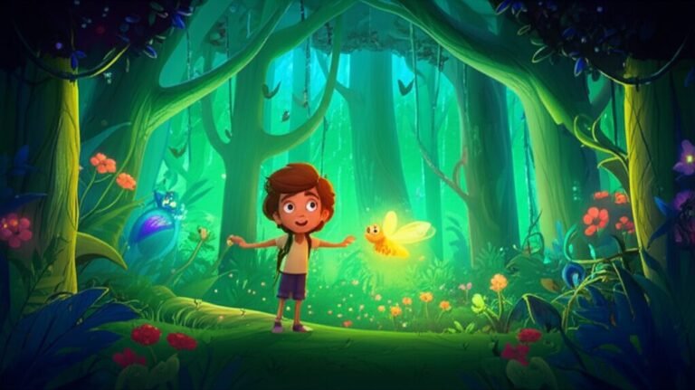 Uma cena da História Infantil O Brilho Agradecido da Floresta Cintilante, com o menino Bento e a vaga-lume Aurora em uma floresta bioluminescente cheia de luzes e cores vibrantes, simbolizando a gratidão.