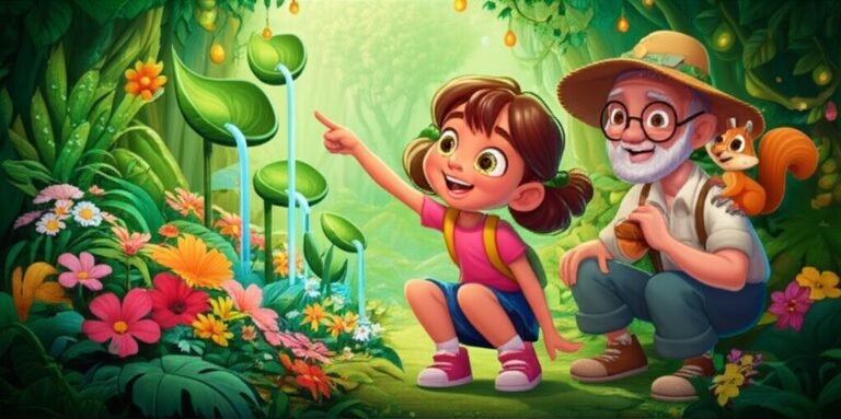 História Infantil: Uma imagem alegre de Júlia, Seu Joaquim e o esquilo Pingo em uma floresta vibrante, construindo um sistema de irrigação para flores murchas, simbolizando a gratidão e a ajuda mútua.