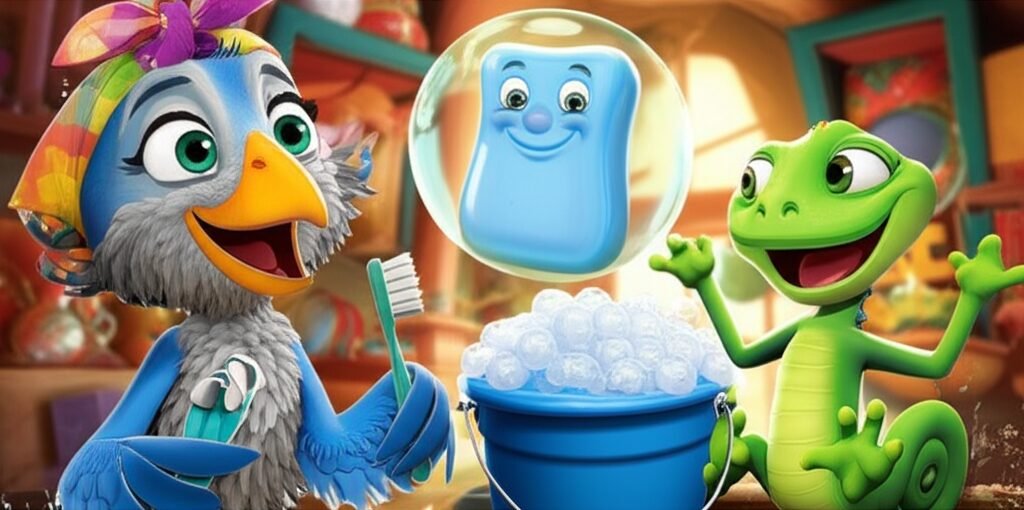 Uma imagem colorida de História Infantil sobre higiene, mostrando Dona Maroca, uma curicaca sorridente, o camaleão Pingo e o Sabão Sábio, destacando a alegria da limpeza e da saúde em uma aventura no Empório Curioso.