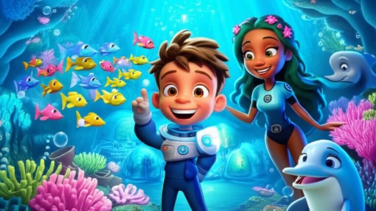 História Infantil mostrando Dudu, um menino explorador submarino, com um sorriso brilhante ao lado da Capitã Lírio e do Professor Golfinho, em uma estação de pesquisa subaquática colorida, ilustrando a aventura da higiene bucal.