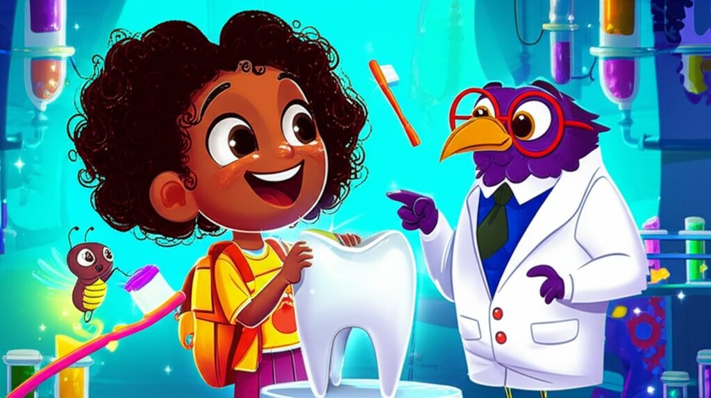 História Infantil: A menina Lila, o Professor Bochechão (um Corujão inventor) e a Vaga-lume Faísca em um laboratório futurista, explorando e aprendendo sobre a importância da higiene bucal com um modelo de dente gigante.