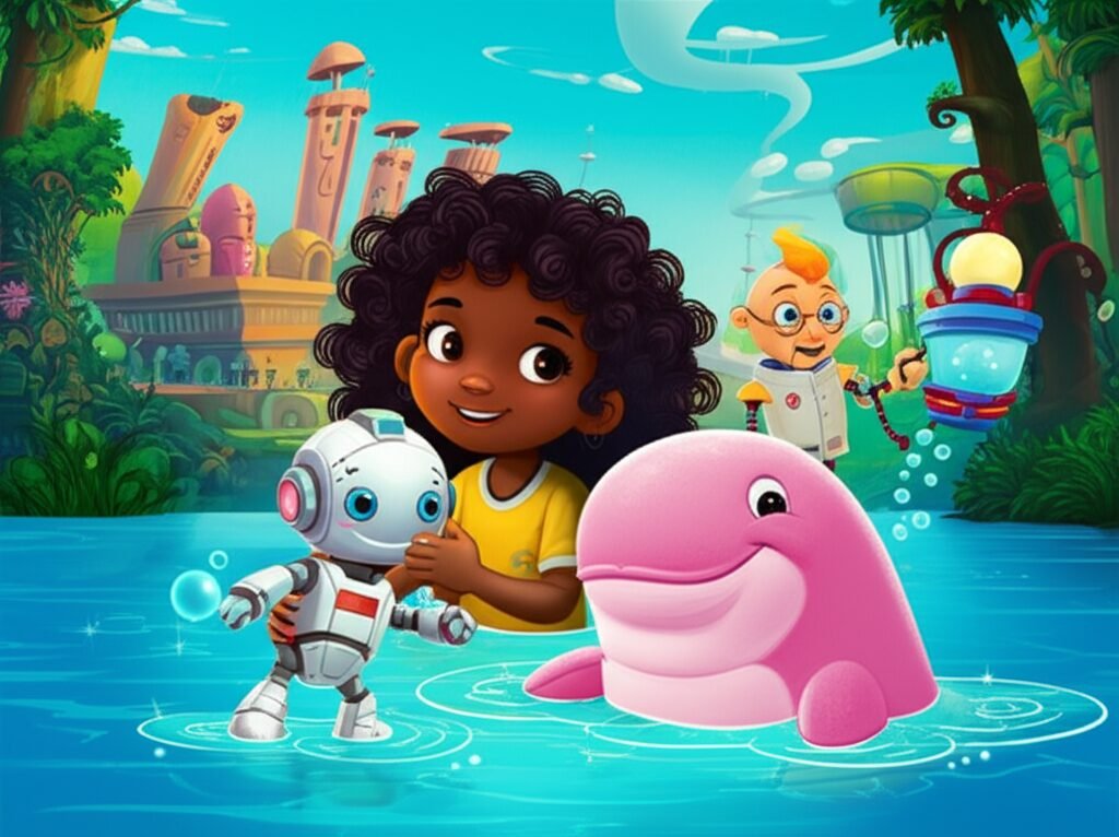 História Infantil: Ilustração vibrante de Luna, uma criança sorridente, ao lado de Bento, um boto cor-de-rosa brilhante, e Professor Faísca, um robô amigável, em um rio cintilante e futurista de Manaus, simbolizando a importância da higiene pessoal e ambiental para o bem-estar.