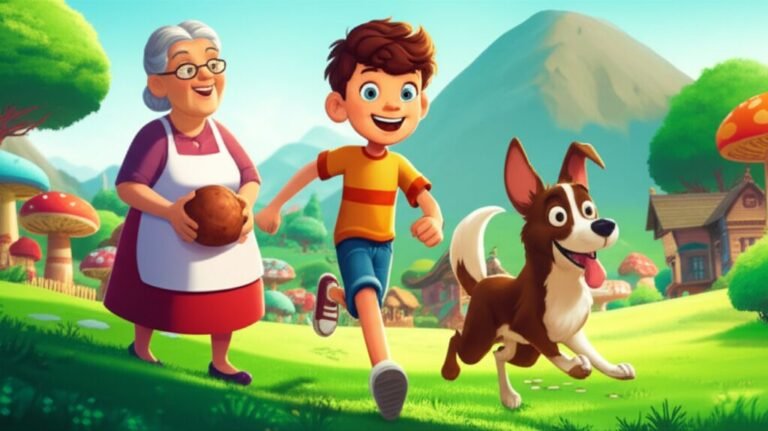 Uma vibrante ilustração da História Infantil O Segredo da Bola Rodopiante no Vale da Harmonia, mostrando Lucas, seu cão Pipoca, e Dona Clarice no Vale da Harmonia, aprendendo a jogar futebol com uma bola de couro, simbolizando amizade e união.