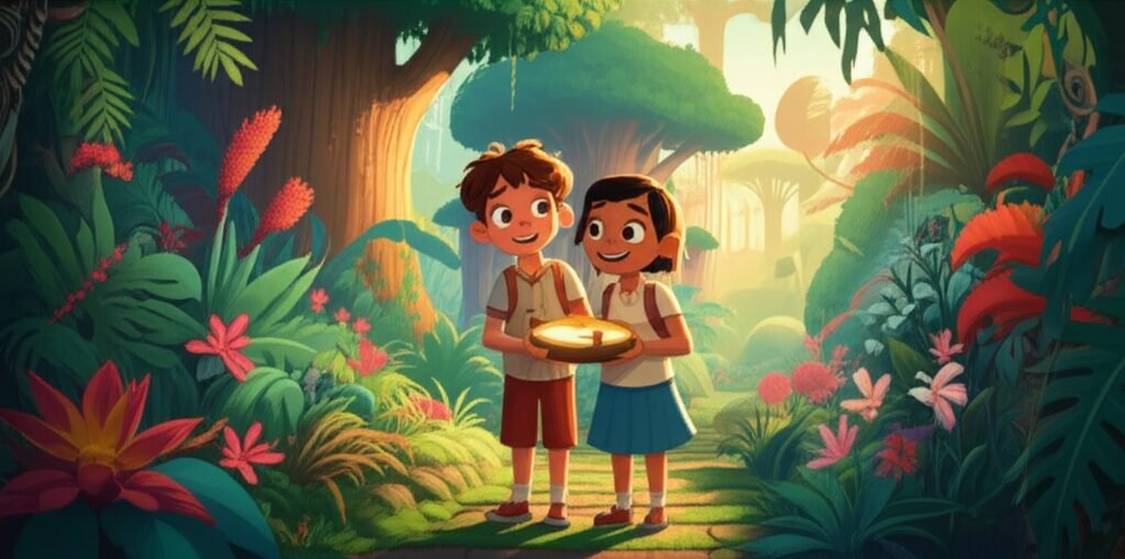 História Infantil sobre Honestidade: ilustração de duas crianças, Pedro e Lila, olhando para uma bússola antiga em um jardim botânico, representando a busca pela verdade e a importância da honestidade na História Infantil.