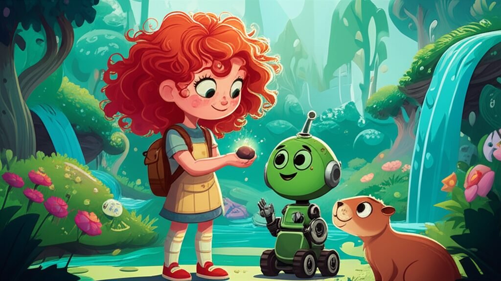 História Infantil sobre Honestidade: Uma menina, um robô e uma capivara no Parque Futurista das Invenções Verdes, enquanto a menina segura uma semente luminosa, representando a descoberta e a importância da honestidade.