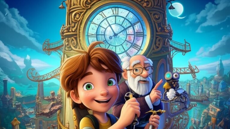 Imagem da História Infantil sobre Honestidade: O Segredo do Relojoeiro de Cristal, mostrando Lina, Afonso e Rubem na Grande Torre do Tempo em Aerópolis.