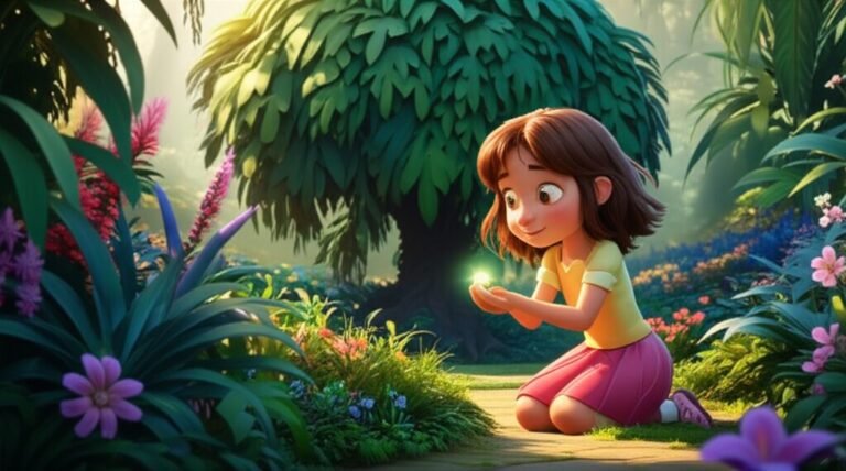 História Infantil: Ilustração da menina Flora no Jardim das Especiarias Antigas, segurando uma semente brilhante, simbolizando a honestidade e a importância da verdade.