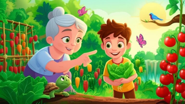 História Infantil: Téo, Dona Aurora e Seu Jabuti em uma horta vibrante, simbolizando a descoberta e o cuidado com a natureza.