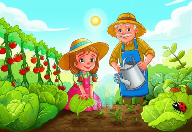 História Infantil O Segredo Sussurrante dos Canteiros do Vovô Beto. Imagem de uma menina e uma joaninha explorando uma horta colorida, com um senhor sorrindo ao fundo.