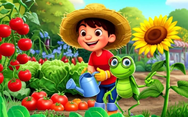 História Infantil sobre horta: Ilustração de um menino feliz e um grilo amigável em uma horta exuberante, regando plantas e colhendo vegetais frescos.