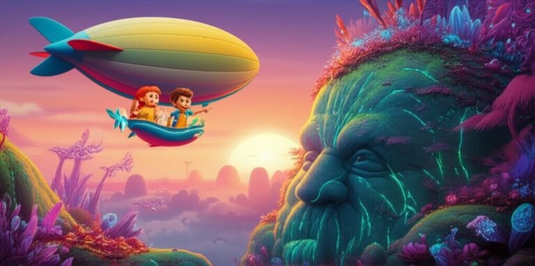 História Infantil: Luan e Serena em um dirigível explorando um planeta alienígena com uma rocha sábia ao fundo.