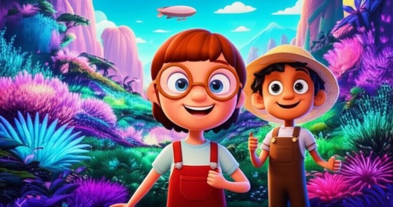 História Infantil sobre igualdade de gênero: Imagem colorida da Grande Expedição de Nina e Leo no Vale das Cores, mostrando os protagonistas explorando um cenário vibrante com plantas luminosas e um dirigível ao fundo.