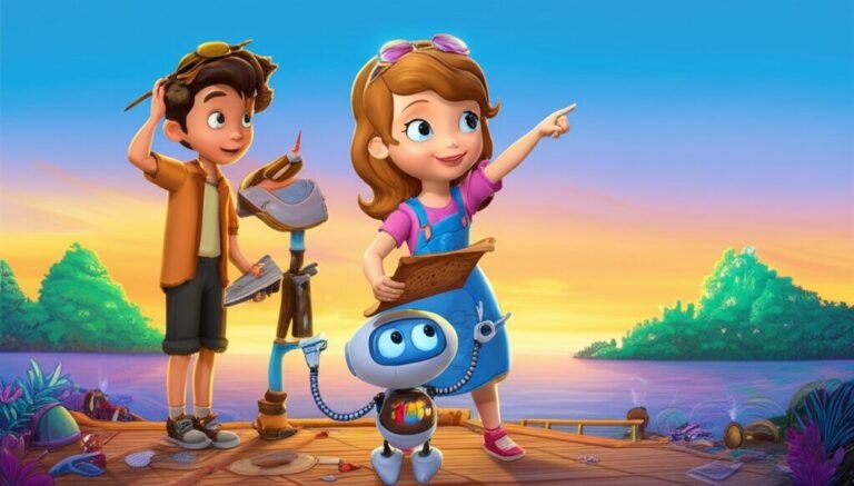 História Infantil sobre Igualdade de Gênero: ilustração vibrante de dois amigos, Sofia e Lucas, e seu robô Omni, prontos para uma aventura em uma cidade flutuante, simbolizando a união de talentos diversos.