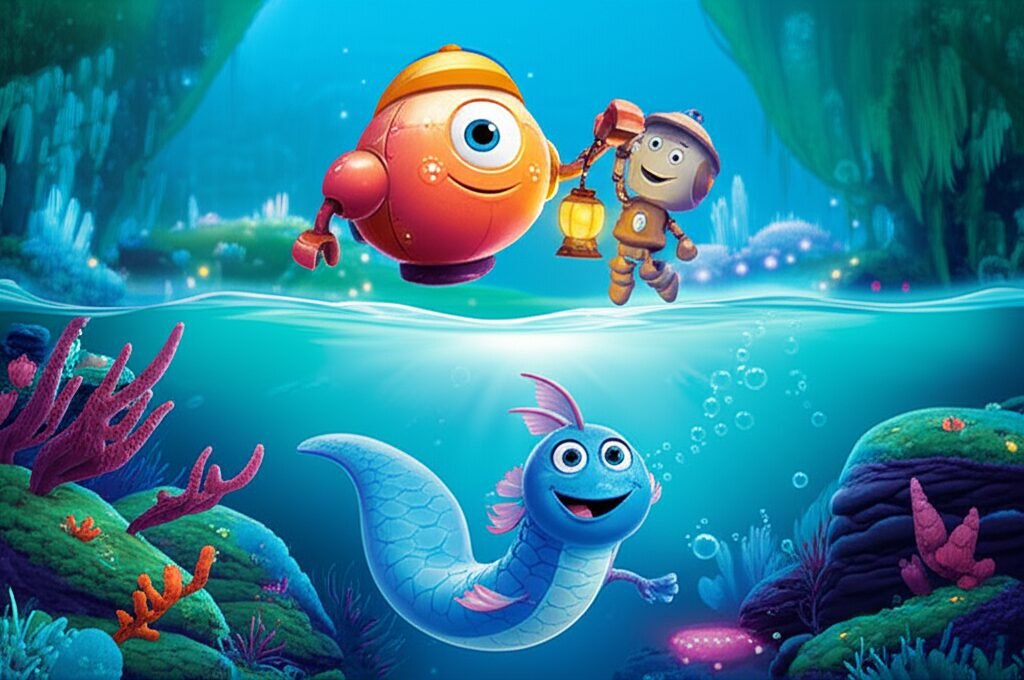 História Infantil sobre Inclusão: Imagem vibrante com a nave exploradora Aurora, o robô Bento e a criatura marinha Coralina, juntos em uma aventura por um cenário colorido de vale bioluminescente e cidade subaquática de cristais.