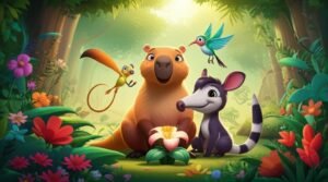 História Infantil sobre Inclusão: Joca, a capivara, Léo, o beija-flor, e Isadora, a tamanduá-bandeira, celebrando a união na Floresta Sussurrante com a rara Flor do Solstício.