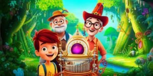 História Infantil sobre instrumentos musicais, mostrando Leo, Sofia e Seu Elias com o Harmonizador da Floresta, um instrumento mágico em uma floresta sonora e colorida.