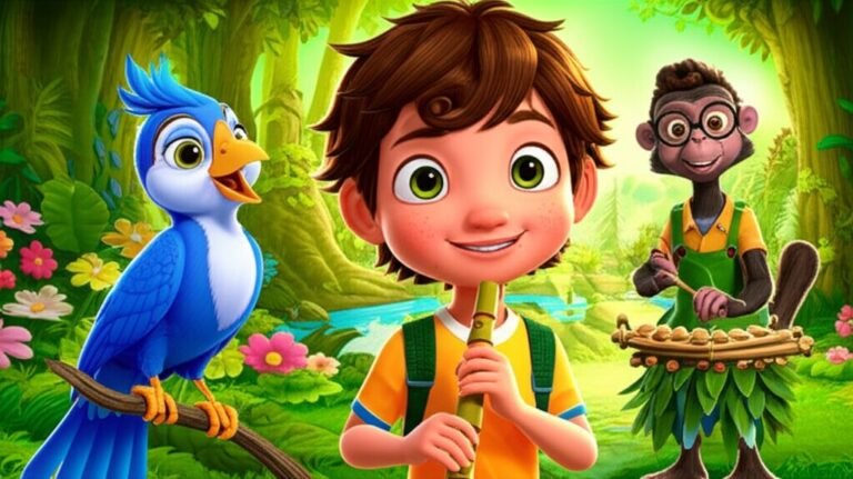 História Infantil sobre Instrumentos Musicais: O Tesouro Melódico do Vale do Eco Doce. Imagem colorida com o menino Joaquim, a cotovia Dona Cotovia e o macaco Professor Bambu, cercados por instrumentos musicais feitos da natureza em uma floresta vibrante.