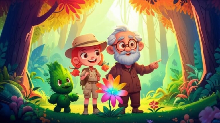 História Infantil sobre inteligência emocional, mostrando a menina Lili, o Professor Otávio e o Kiko sorrindo ao redor da Flor da Compreensão na Floresta Sussurrante.