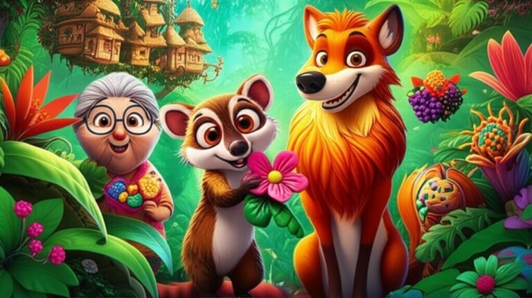 História Infantil: Uma ilustração colorida com o quati Cacau exibindo sua escultura de flor, o lobo-guará Juba com sua escultura de fruta e a tamanduá Dona Clara observando, representando a história sobre inveja e autoaceitação.