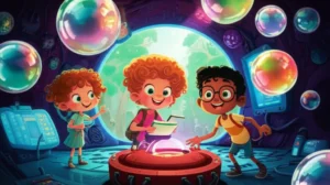 História Infantil sobre inventores: Ilustração vibrante mostrando três crianças inventoras, Lúcia, Pedro e Rafael, em seu laboratório na árvore, com uma máquina de bolhas coloridas no centro, representando a história A Incrível Máquina de Sonhos Flutuantes.