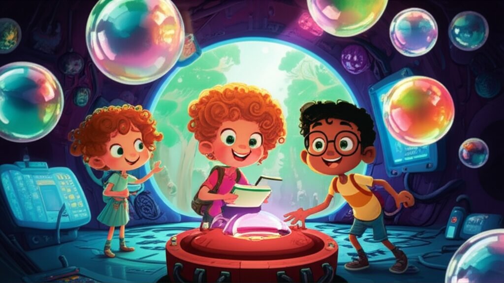 História Infantil sobre inventores: Ilustração vibrante mostrando três crianças inventoras, Lúcia, Pedro e Rafael, em seu laboratório na árvore, com uma máquina de bolhas coloridas no centro, representando a história A Incrível Máquina de Sonhos Flutuantes.