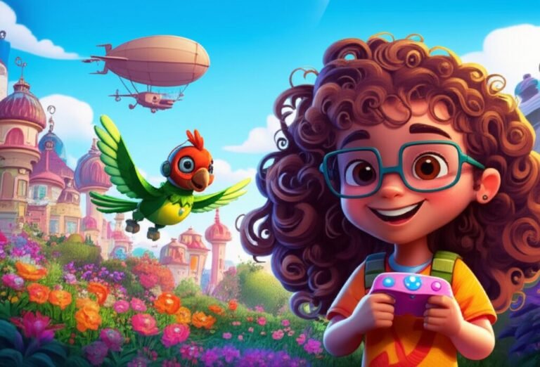História Infantil: Uma menina inventora e seu papagaio robótico lançam um zepelim inovador para revitalizar um jardim luminoso, destacando a criatividade e o trabalho em equipe na história infantil.