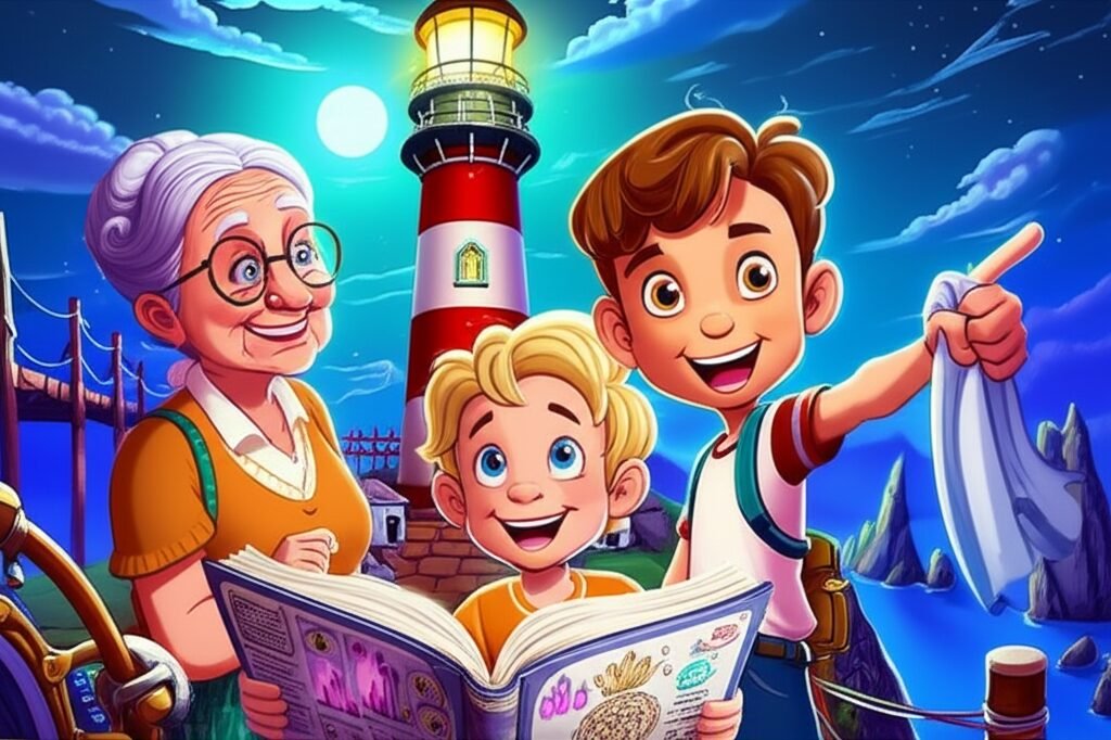 História Infantil: Imagem dos irmãos Rafa e Leo com a inventora Dona Aurora, juntos no Farol da Alvorada, que brilha intensamente ao fundo. Eles estão consertando o mecanismo de luz.