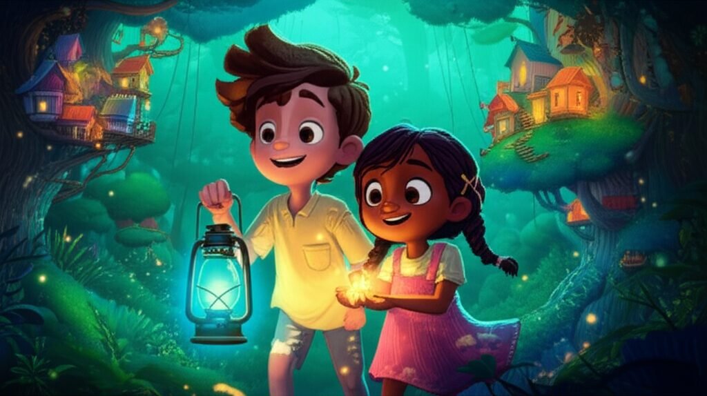História Infantil O Segredo Luminoso das Casinhas na Árvore. Imagem de capa vibrante com os irmãos Bento e Clara explorando um bosque iluminado por plantas brilhantes, realçando a aventura e a amizade.