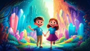 Imagem da História Infantil O Tesouro da Neblina Cintilante, mostrando os irmãos João e Luiza em um vale de cristais brilhantes e neblina colorida, simbolizando a união e a descoberta.