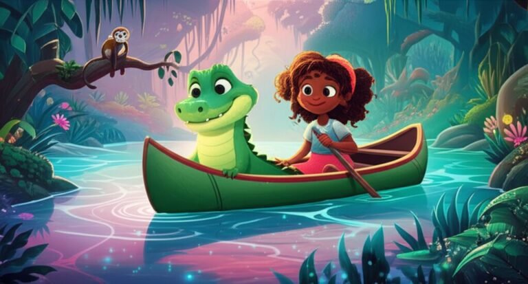 Ilustração da História Infantil sobre Jacaré: Joca e a Luz Secreta do Rio Encantado, com o jacaré Joca e a menina Luna explorando um rio luminoso, junto ao sagui Chico, transmitindo aventura e conexão com a natureza.