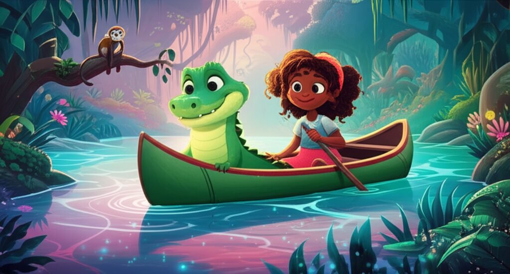 Ilustração da História Infantil sobre Jacaré: Joca e a Luz Secreta do Rio Encantado, com o jacaré Joca e a menina Luna explorando um rio luminoso, junto ao sagui Chico, transmitindo aventura e conexão com a natureza.