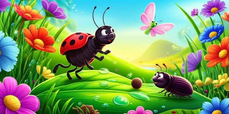 História Infantil: Ilustração de uma joaninha, um besouro e uma libélula em uma campina colorida, celebrando a aventura da pintinha perdida, com um fundo de flores gigantes.