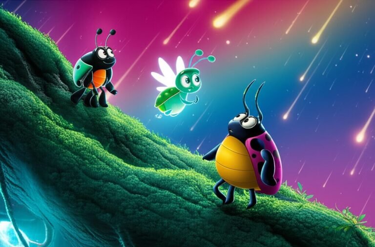 História Infantil: Imagem de Aurora, a joaninha diferente, com sua carapaça brilhante, Lumina, a vaga-lume cintilante, e Beto, o besouro, no alto de uma árvore antiga sob uma chuva de estrelas cadentes. Esta ilustração representa a emocionante jornada em busca de um cristal estelar.