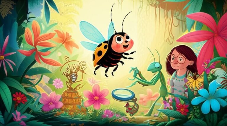 História Infantil de Lila, a joaninha com manchas amarelas, e seus amigos Mário, o louva-a-deus, e Professora Elisa no Jardim Botânico Encantado. A imagem mostra a alegria da descoberta e a beleza da natureza para crianças.