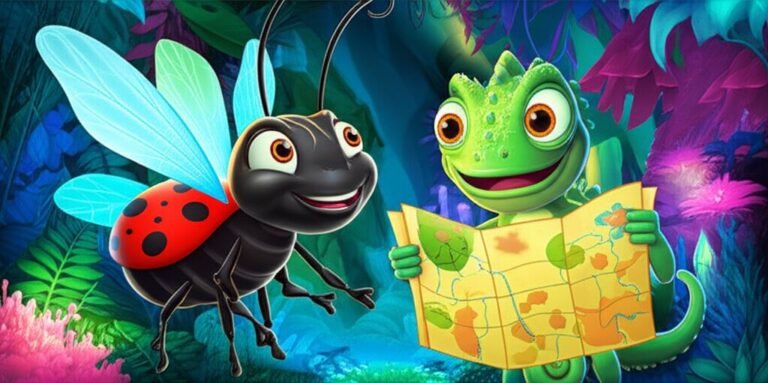 História Infantil sobre Joana, a joaninha de pintinhas brilhantes, e Ciro, o camaleão das cores, sorrindo e voando através da Floresta do Éter, uma floresta bioluminescente com cristais e plantas que brilham no escuro.