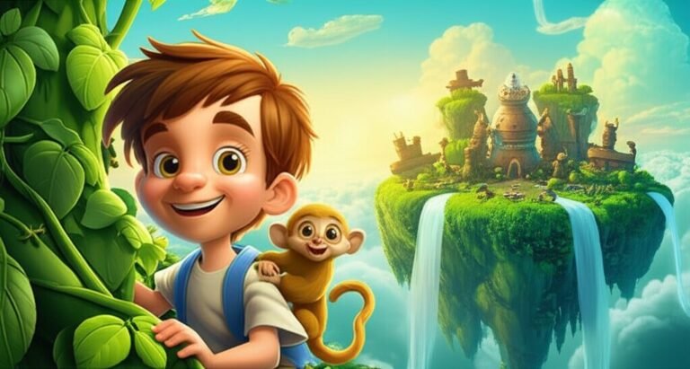 História Infantil: João e Pipoca no Pé de Feijão, explorando o Mundo Suspenso. Uma aventura de coragem e descoberta para crianças, com um menino e seu sagui em uma ilha flutuante.