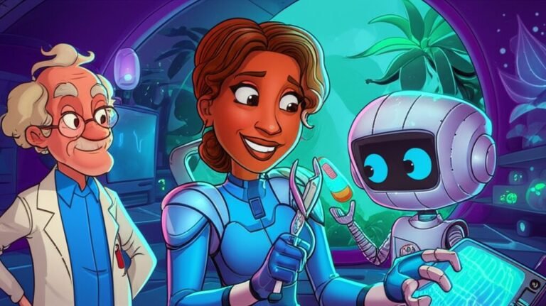 Uma imagem da História Infantil sobre Justiça: O Enigma do Cristal Lumina e a Verdade Escondida, que representa a Capitã Solange, o Robô Zeca e o Professor Léo trabalhando juntos para resolver um mistério na Estação Orbital Éden Verde.