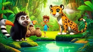 História Infantil sobre Justiça: O Enigma da Floresta Sábia, com personagens Joaquim (macaco-prego), Benedita (onça-pintada) e João-de-Barro (pássaro) em uma floresta amazônica, com o tamanduá Tiago e um córrego cristalino ao fundo. A imagem representa a harmonia e o aprendizado sobre justiça na História Infantil.
