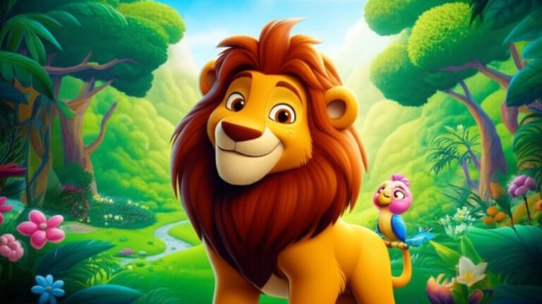 História Infantil sobre o Leão Gentil, mostrando Leo, o leão, e sua amiga Pipoca, a ave, em um vale florido, ilustrando a temática de coragem e amizade da história.