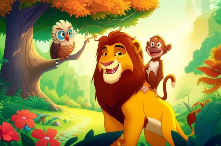 Imagem da História Infantil de Juba, o leão com uma juba dourada e um sorriso gentil, ao lado de Caco, o macaco brincalhão, e a sábia coruja Dona Corália, em uma vibrante Floresta Serenoa.
