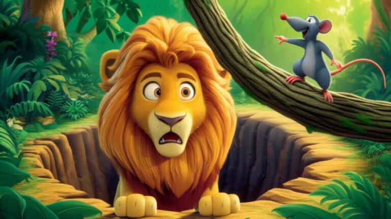 História Infantil O Leão e o Rato: Leôncio, o leão, e Rinaldo, o rato, lado a lado após a aventura, simbolizando a amizade e a superação de desafios.