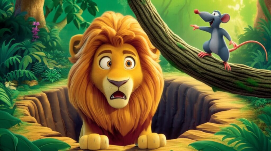 História Infantil O Leão e o Rato: Leôncio, o leão, e Rinaldo, o rato, lado a lado após a aventura, simbolizando a amizade e a superação de desafios.