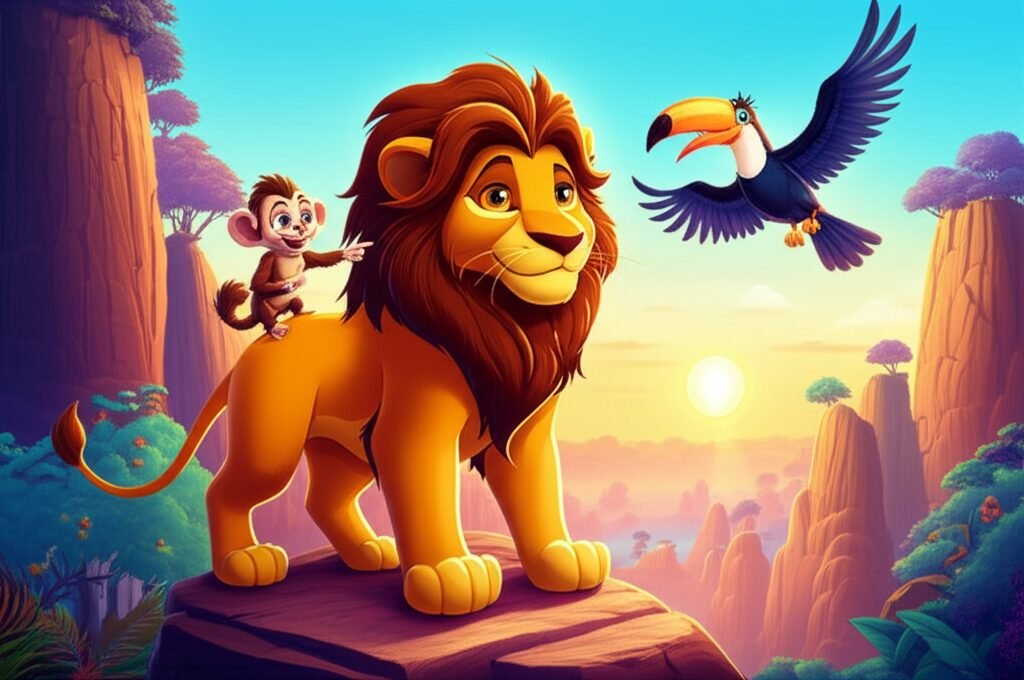 História Infantil sobre Léo, o leão, Pipoca, o sagui, e Tuca, o tucano, explorando o Vale dos Ventos Sussurrantes, com cores vibrantes e cenário convidativo. Imagem da História Infantil: O Segredo do Vale dos Ventos Sussurrantes.