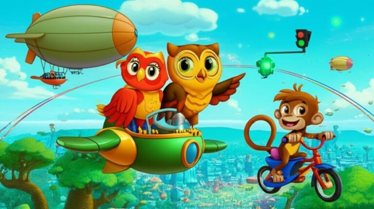 História Infantil sobre Leis de Trânsito: Ilustração de Coruja Olívio, Tamanduá Tina e Macaco Léo em veículos voadores na Cidade das Árvores, promovendo segurança no trânsito.